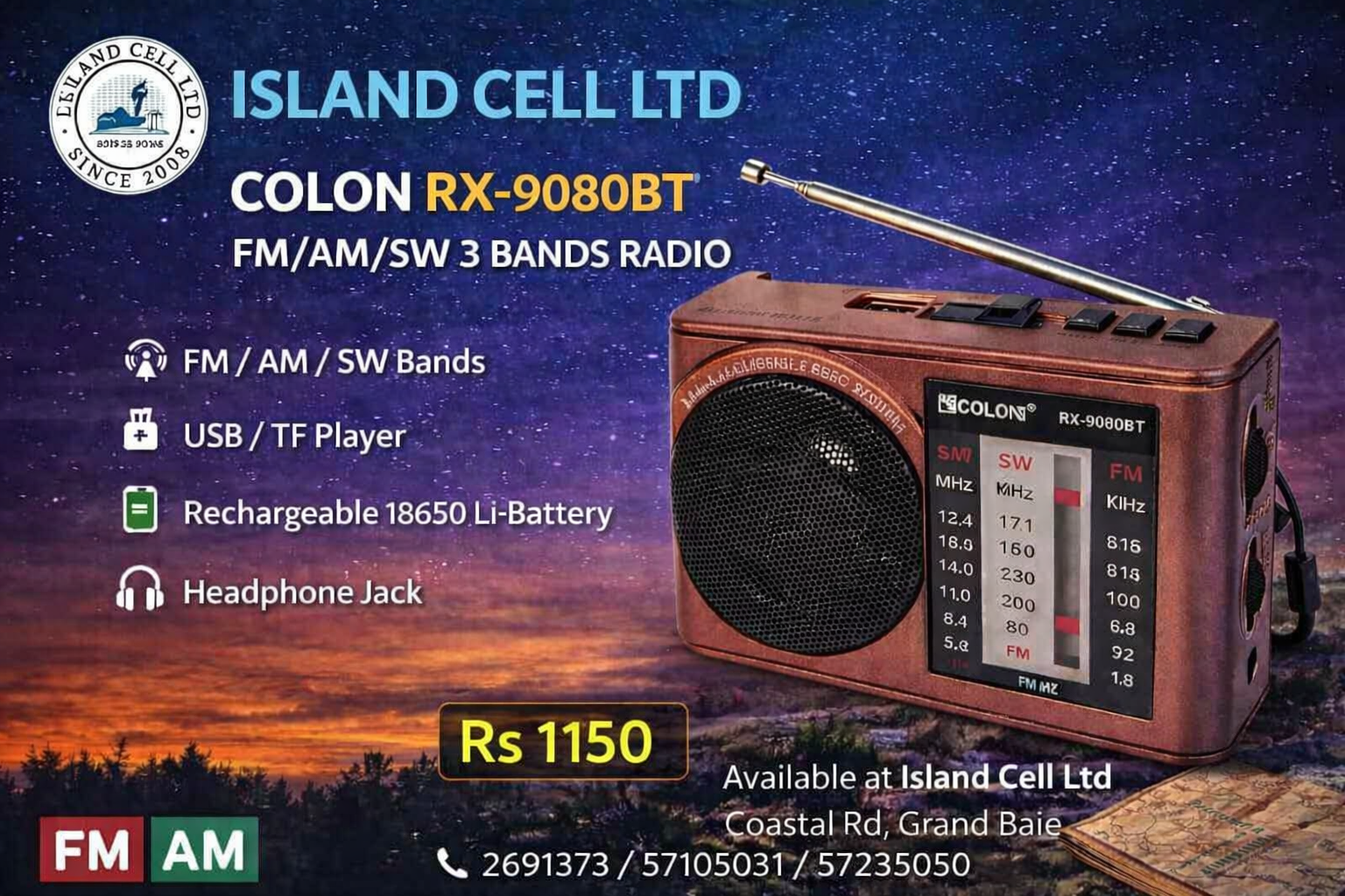 Colon RX‑9080BT FM/AM/SW 3 Bands Radio